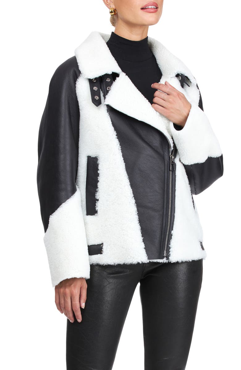 GORSKI Genuine Shearling Asymmetrical Zip Jacket, Main, color, Black/White