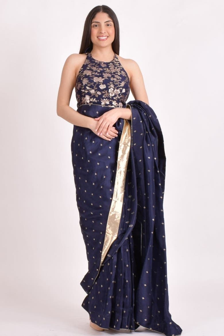 Jacquard Floral Pre-Pleated Saree With Halter Blouse, Alternate, color, Navy