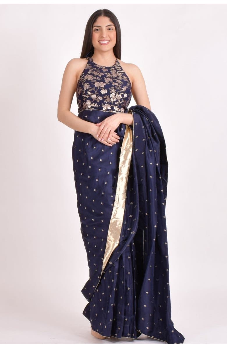 RAAS Jacquard Floral Pre-Pleated Saree With Halter Blouse, Alternate, color, Navy