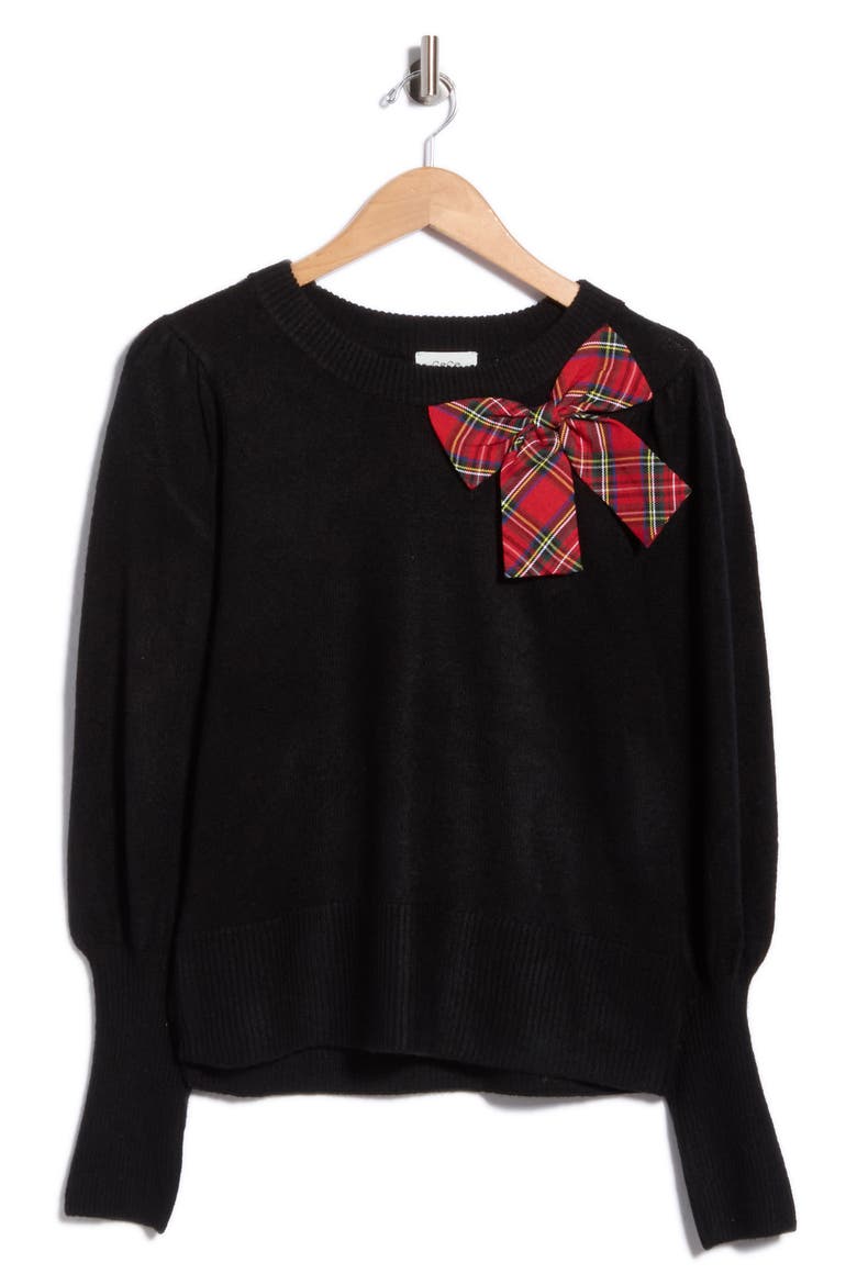 Plaid Bow Sweater, Alternate, color, RICH BLACK