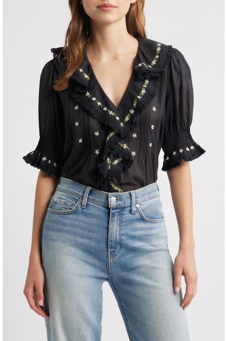 Hettie Embroidered Ruffle Organic Cotton Top, Main, color, BLACK