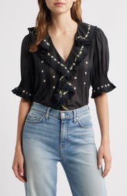 DÔEN Hettie Embroidered Ruffle Organic Cotton Top