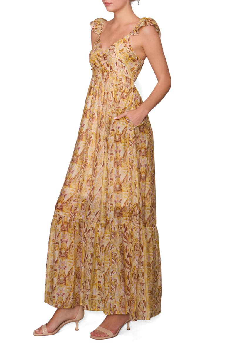 MELLODAY Print Tiered Maxi Dress, Alternate, color, Marigold Multi