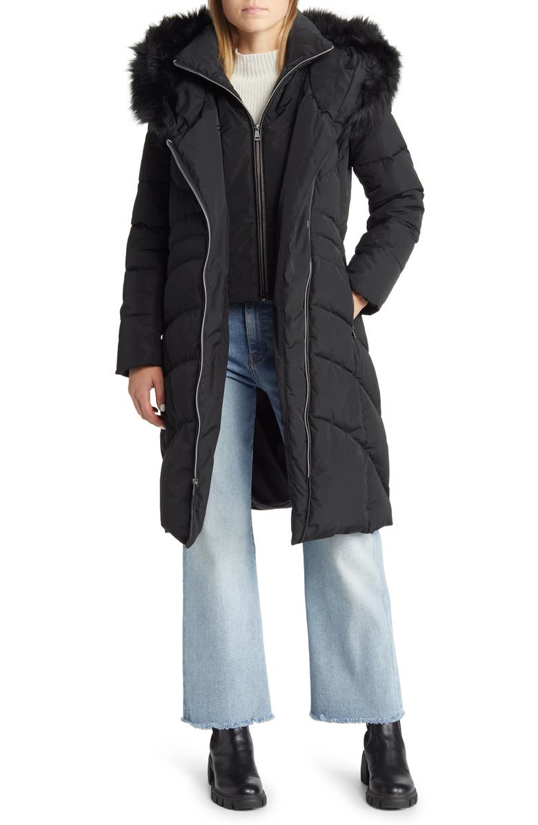Cole Haan Signature Hooded Taffeta Down Coat with Bib & Faux Fur Trim, Main, color,
