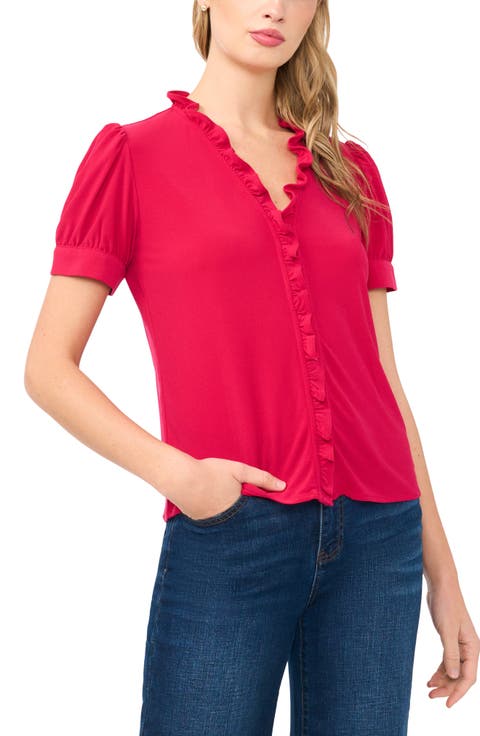 Ruffle Trim Crepe Knit Button-Up Top