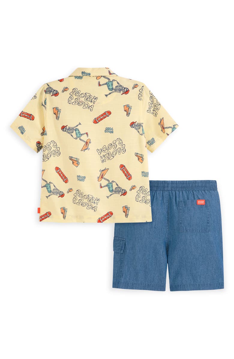 Scotch & Soda Kids' Camp Shirt & Pull-On Denim Shorts Set, Alternate, color, Light Pastel Yellow