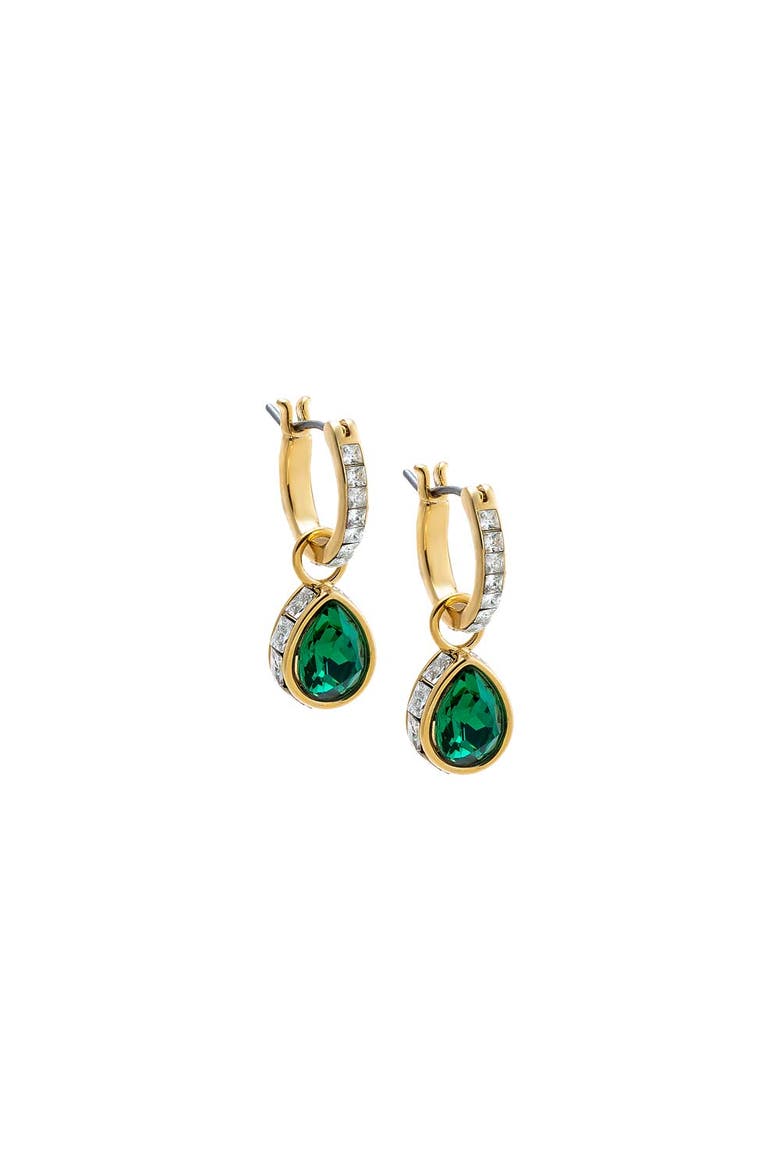 Colored Pear Pave Rimmed Drop Huggie Earring, Main, color, Emerald Green
