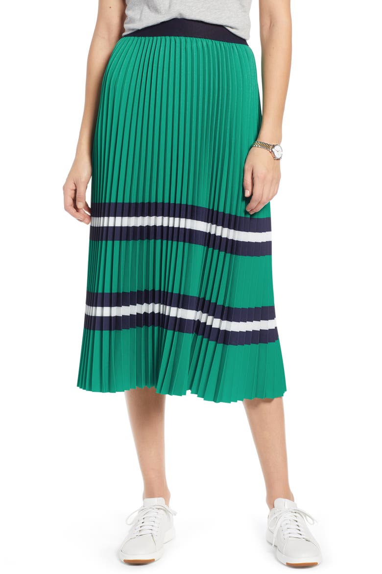 Pleated Polo Midi Skirt, Main, color, GREEN- NAVY SKIRT STRIPE