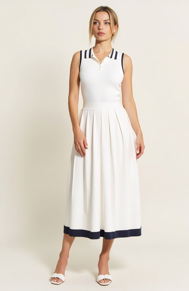 Modenaire Sleeveless Knit Midi Dress with Contrast Collar and Hem Detail, Main, color, White
