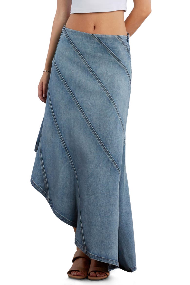 Daydream High Waist Seamed Denim Maxi Skirt, Main, color, FADED BLUE