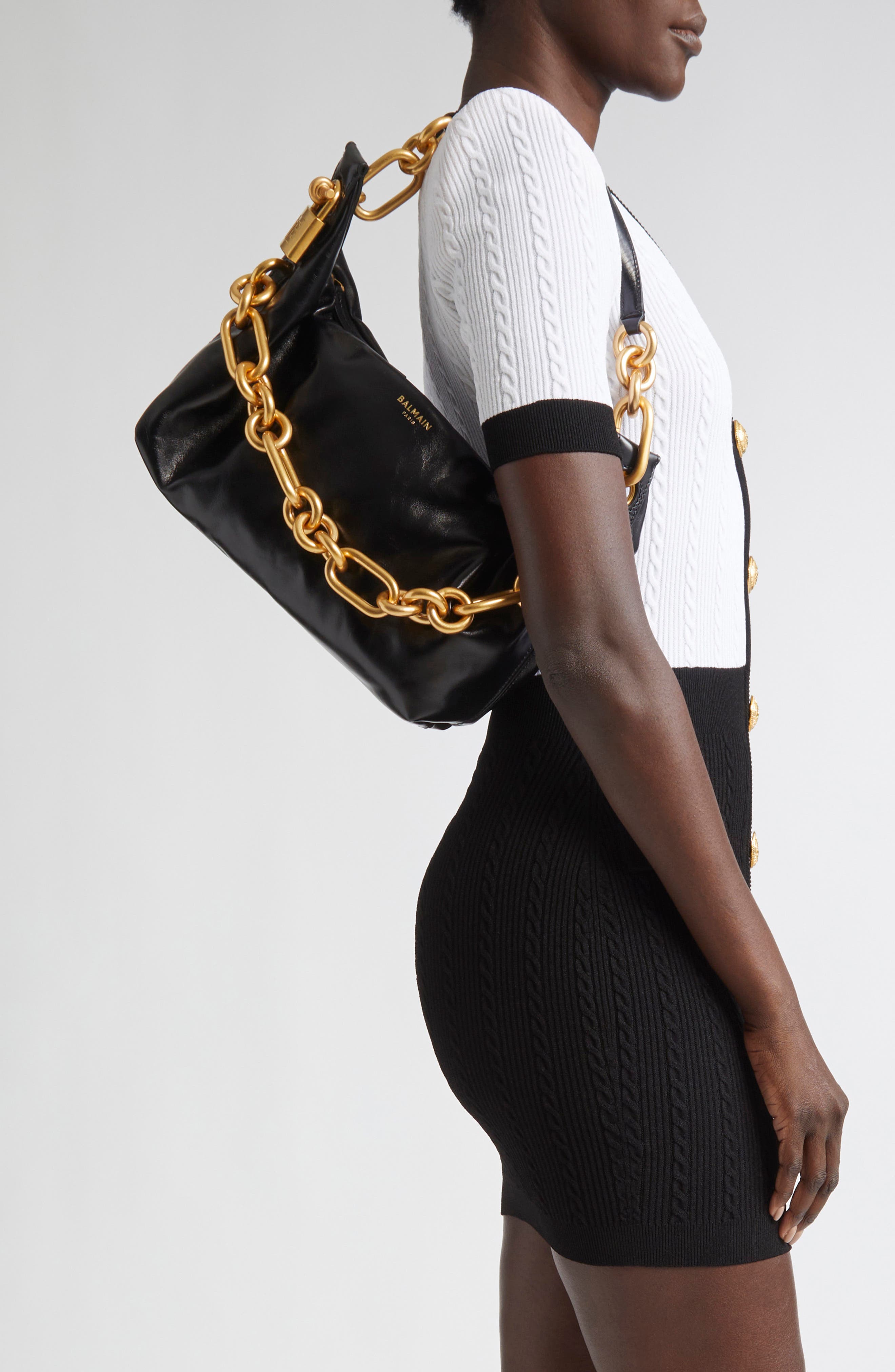 Balmain Medium Sync Leather Hobo Bag, Alternate, color, Black