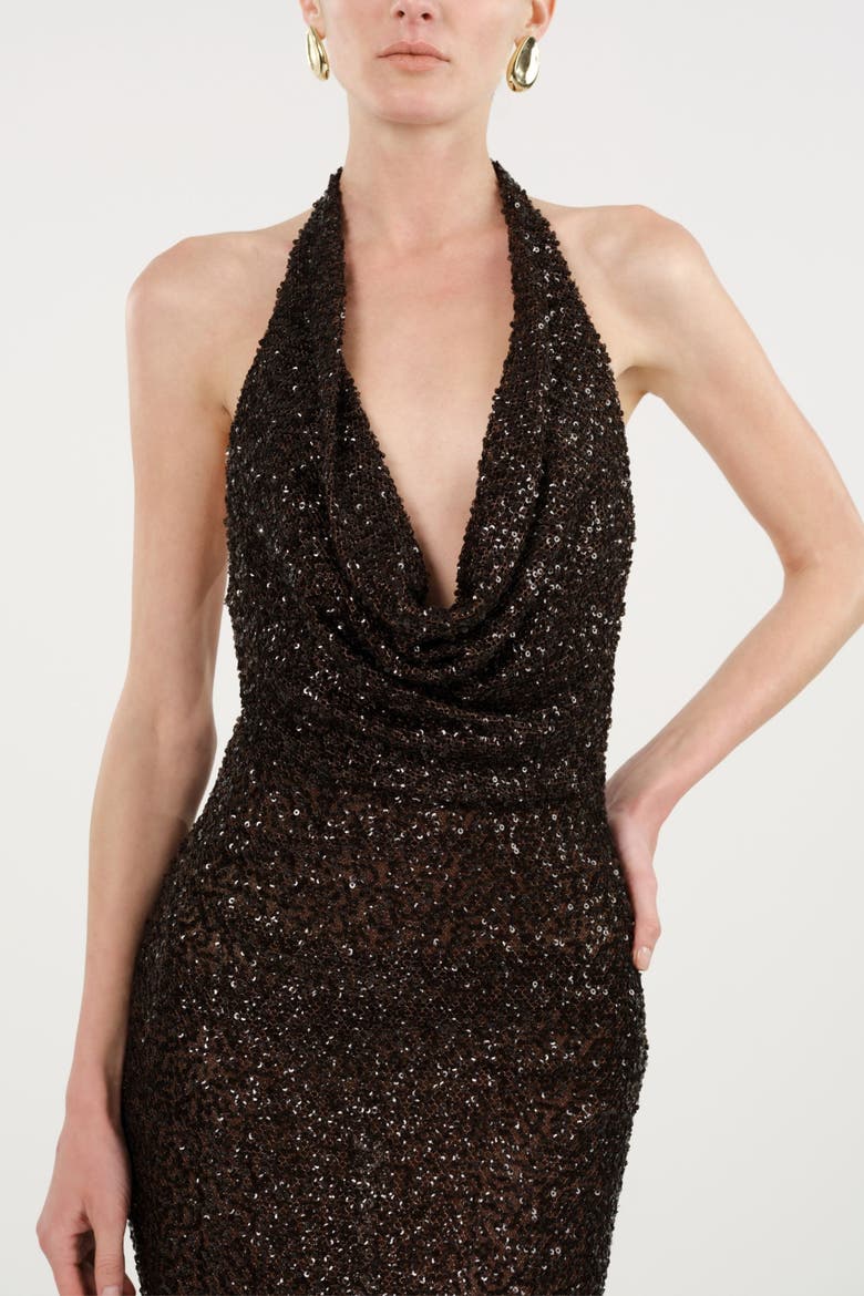 Off-Shoulder Sequin Embellished Maxi Dress, Alternate, color, Brown