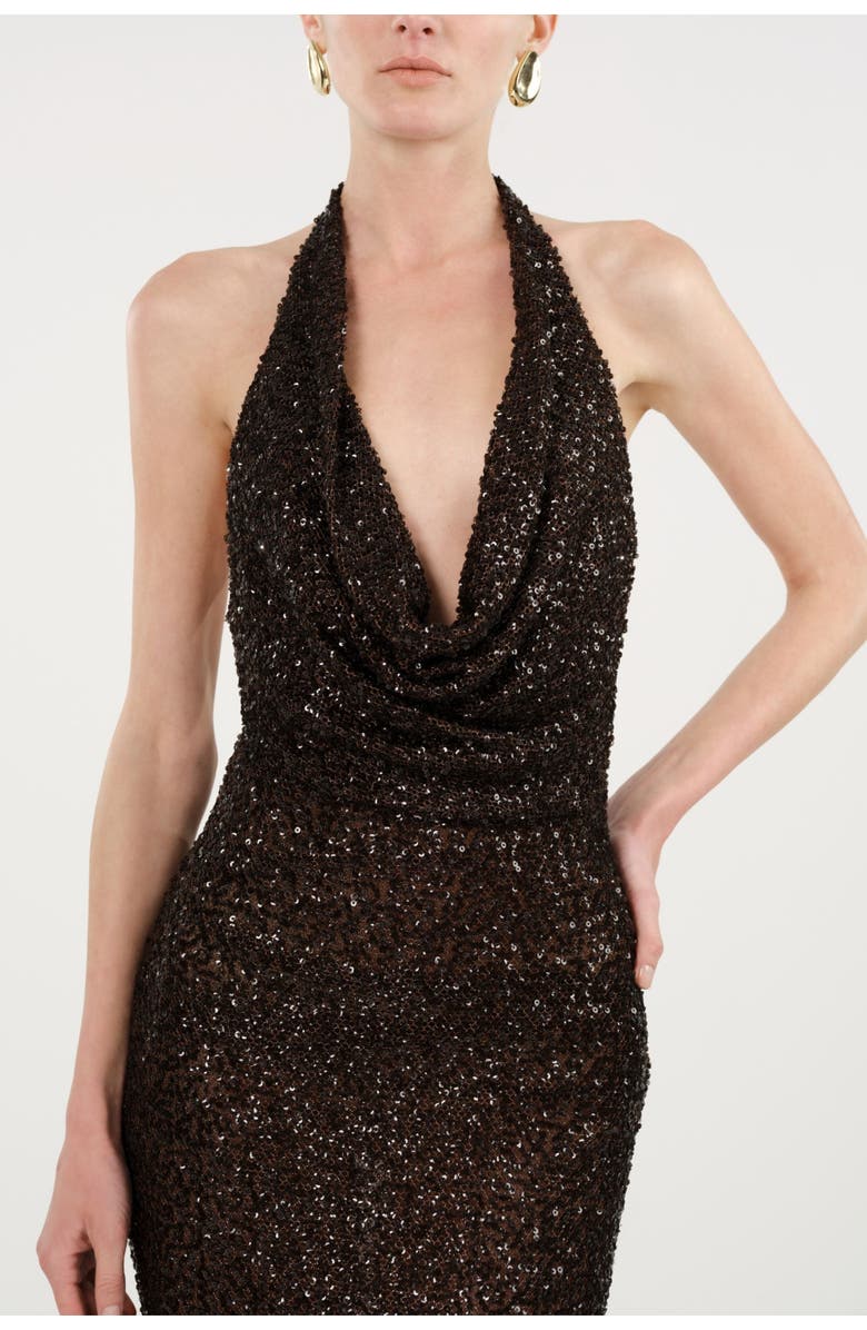 Nocturne Off-Shoulder Sequin Embellished Maxi Dress, Alternate, color, Brown