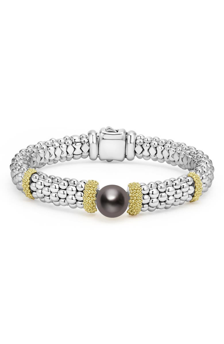 LAGOS Luna Black Tahitian Pearl Station Bracelet, Main, color, Silver
