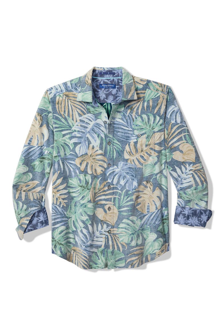 Coastline Cord Jungle Fade Leaf Print Cotton Corduroy Button-Up Shirt, Main, color, STERLING BLUE