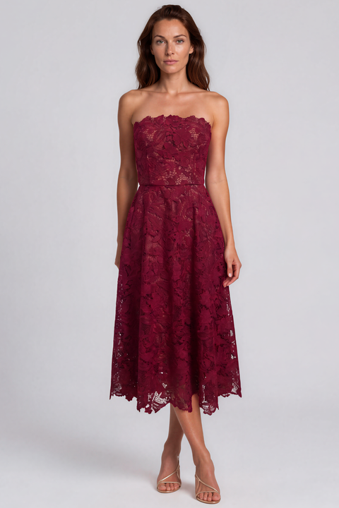 Strapless Guipure Lace A-Line Midi Cocktail
