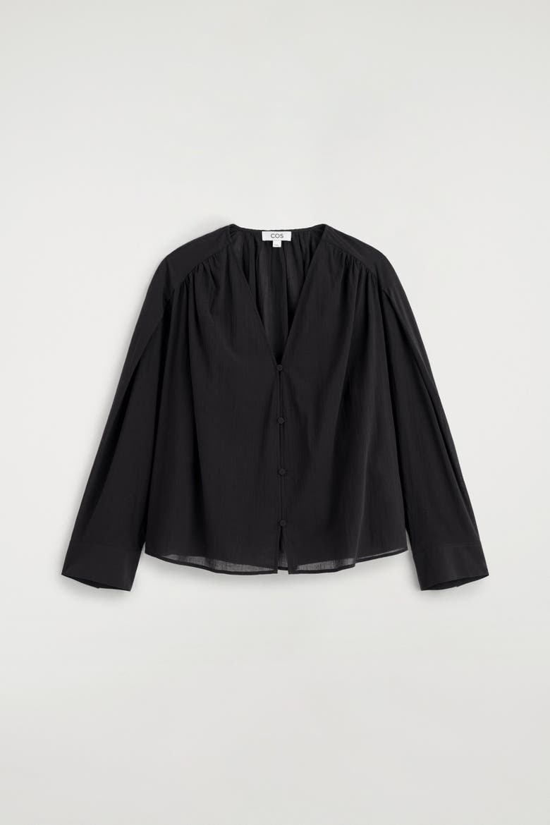 Gathered Lightweight Cotton V-neck Shirt, Alternate, color, BLACK
