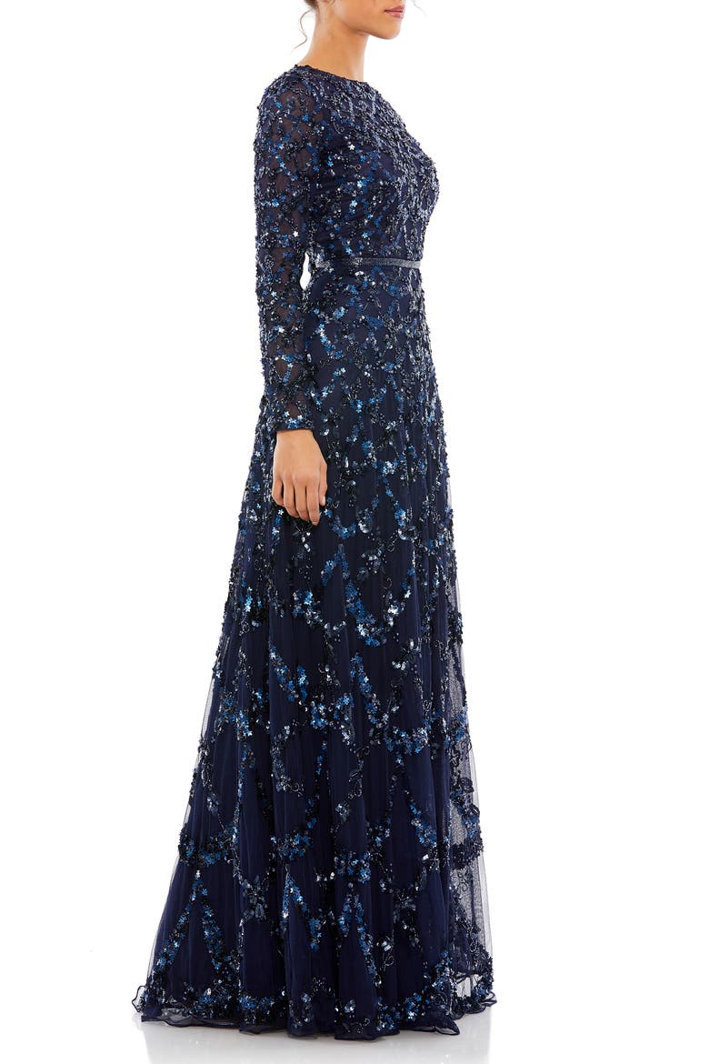 Beaded Long Sleeve A-Line Gown, Alternate, color, MIDNIGHT