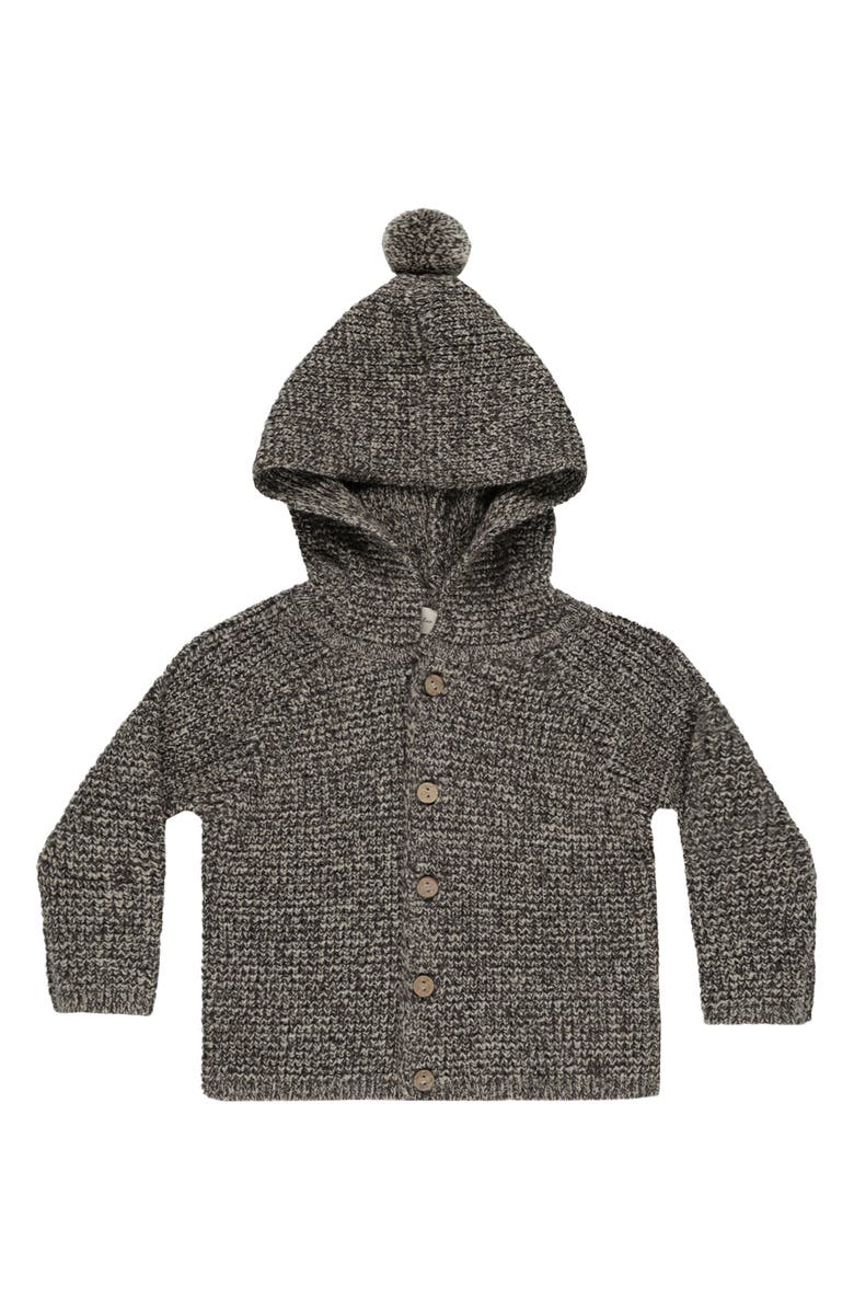 Rylee + Cru Pompom Hooded Cardigan, Main, color, Washed Black