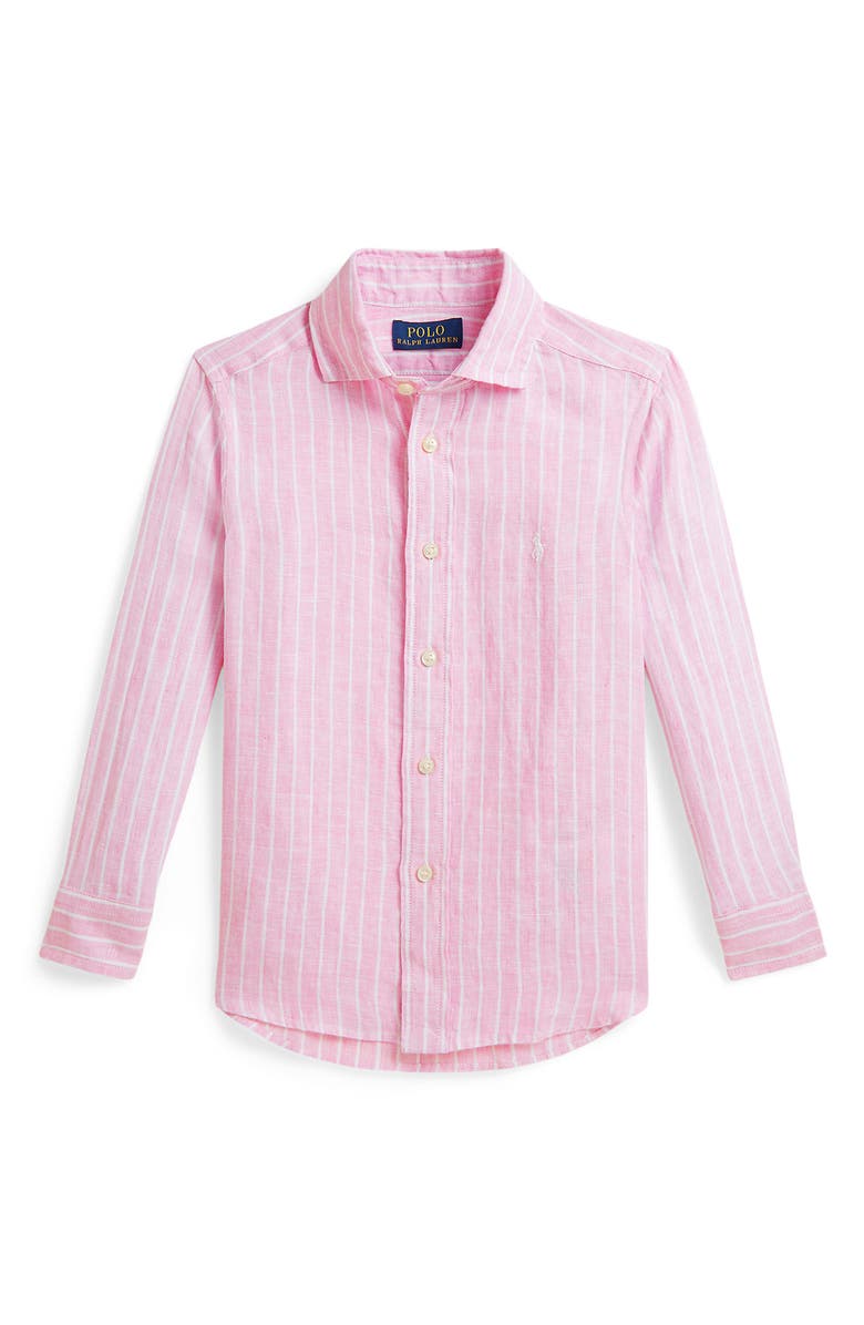 Polo Ralph Lauren Kids' Stripe Linen Button-Up Shirt, Main, color, Carmel Pink White