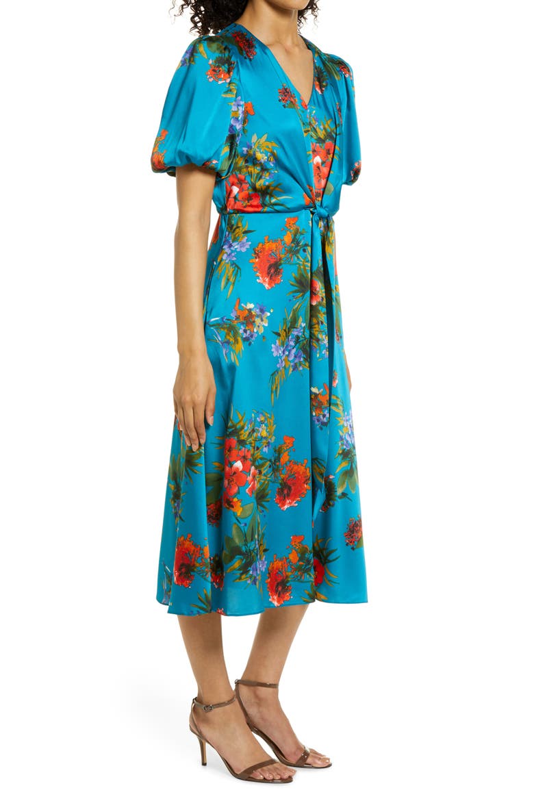 Floral Tie Waist A-Line Midi Dress, Alternate, color, TEAL MULTI