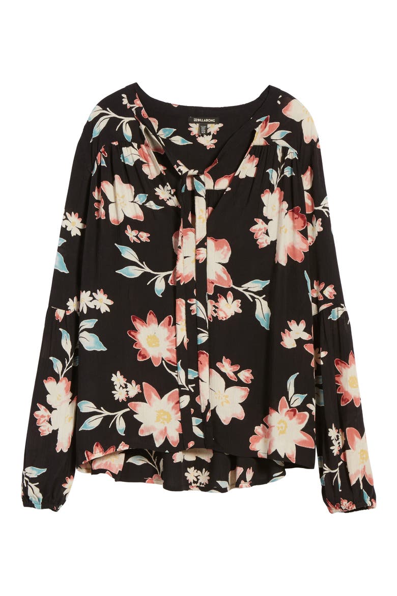 Birds on High Tie Neck Blouse, Alternate, color, OFF BLACK