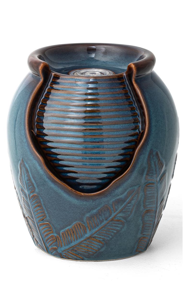 Turquoise Leaf Textured Ceramic Jar Tabletop Fountain with Pump and LED light, Alternate, color, Blue