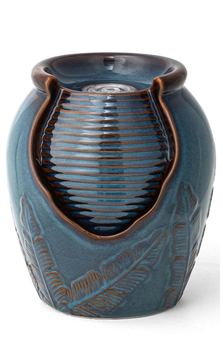 Glitzhome Turquoise Leaf Textured Ceramic Jar Tabletop Fountain with Pump and LED light, Alternate, color, Blue