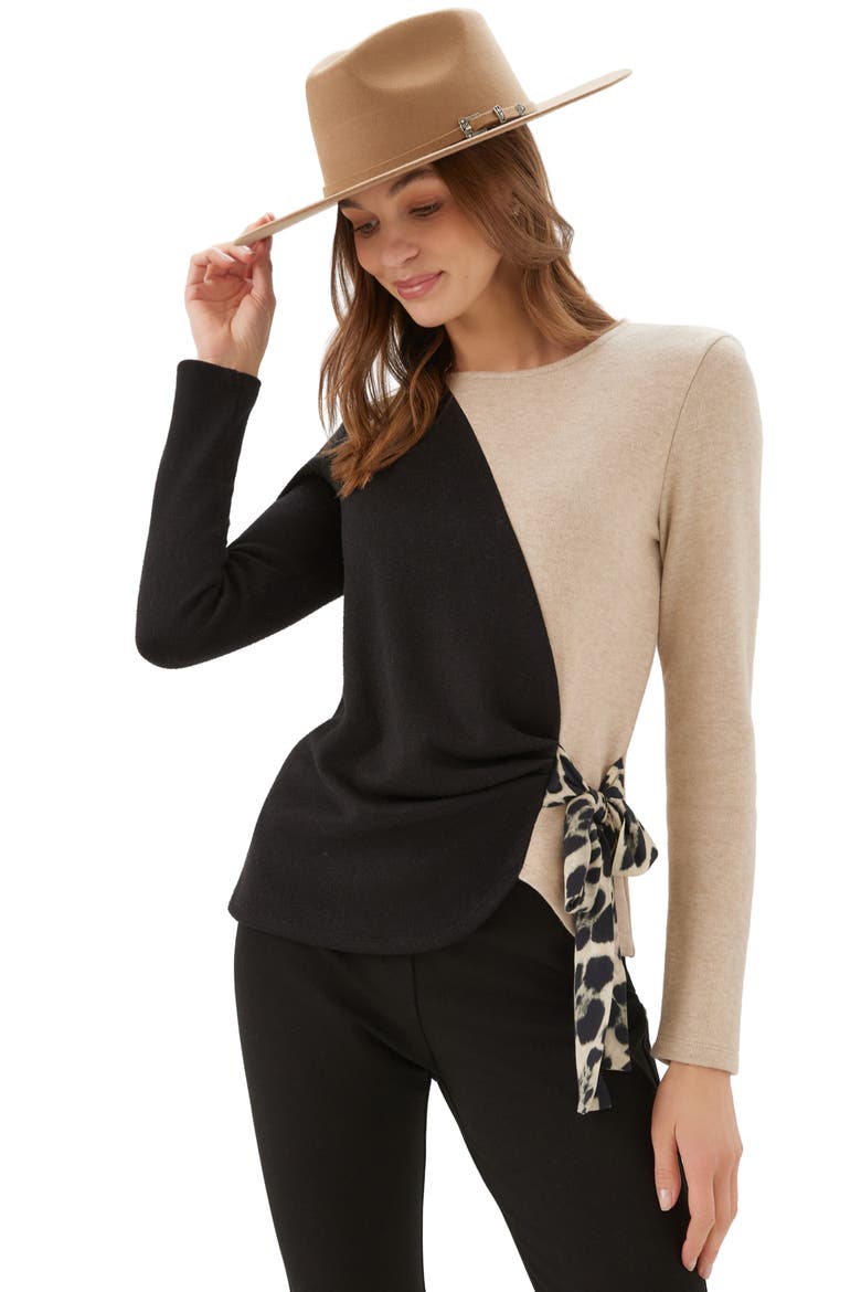 Colorblock Bow Satin Sweater, Alternate, color, BLACK/ LIGHT TAN