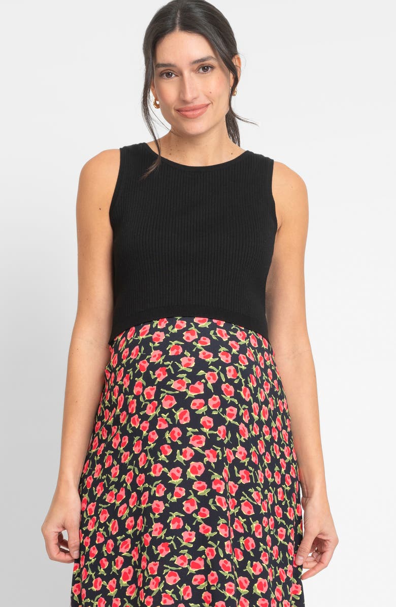Seraphine Two-Piece Maternity/Nursing Rib Sweater Tank & Floral Midi Dress, Alternate, color, 