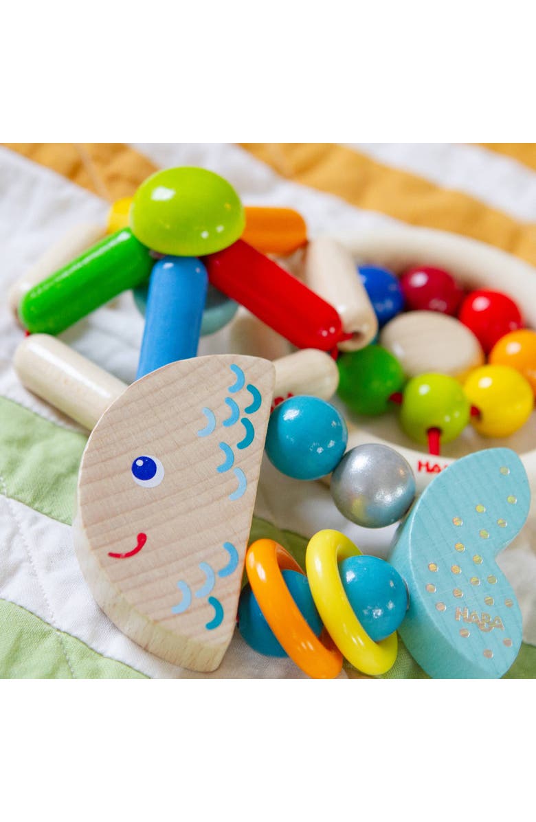 HABA Rattlefish Wooden Baby Rattle and Teething Toy with Plastic Rings, Teething Toys 6-12 months, Grasping Toy for Babies, Made in Germany, Alternate, color, Multi