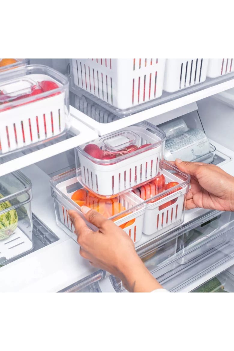 Clear Stackable Fridge Organizer Bin with Drain Basket and Vented Lid, 2.3 Quart Capacity, Alternate, color, Clear with White Drainer