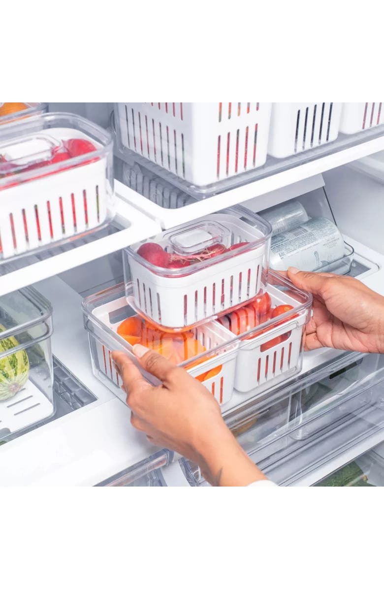 OU Clear Stackable Fridge Organizer Bin with Drain Basket and Vented Lid, 2.3 Quart Capacity, Alternate, color, 