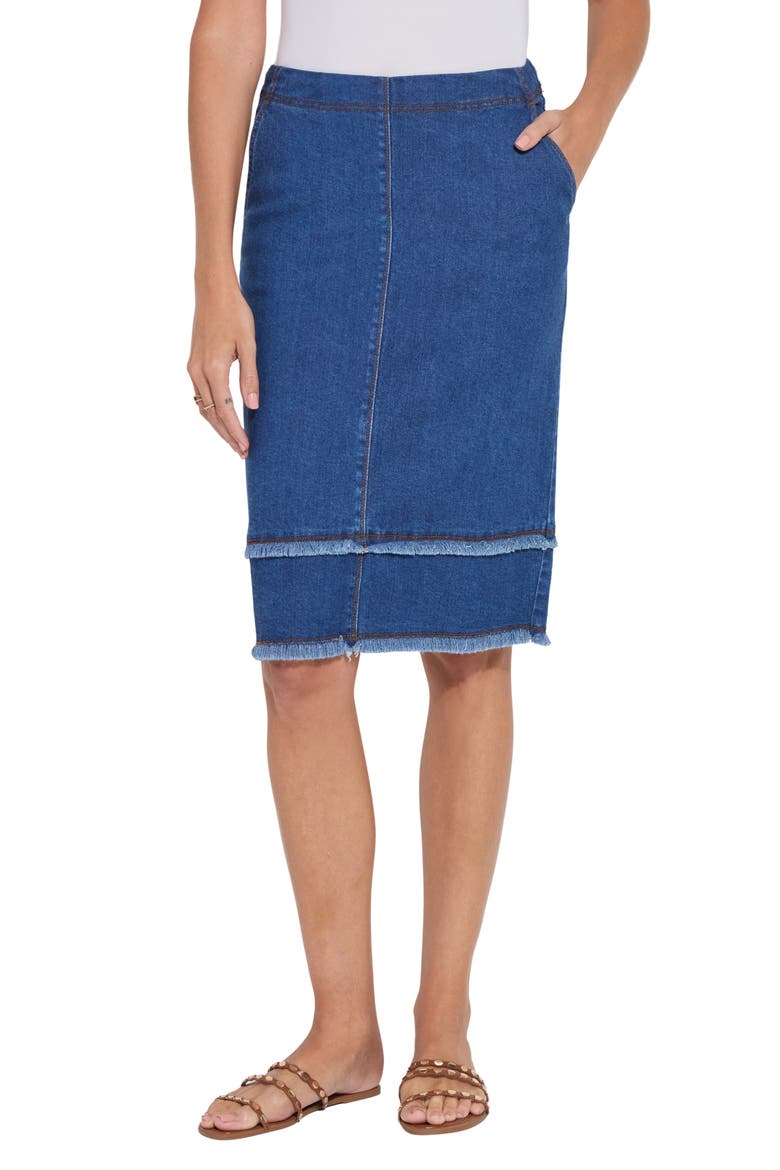 Evelina Fringe Denim Midi Skirt, Main, color, MID WASH