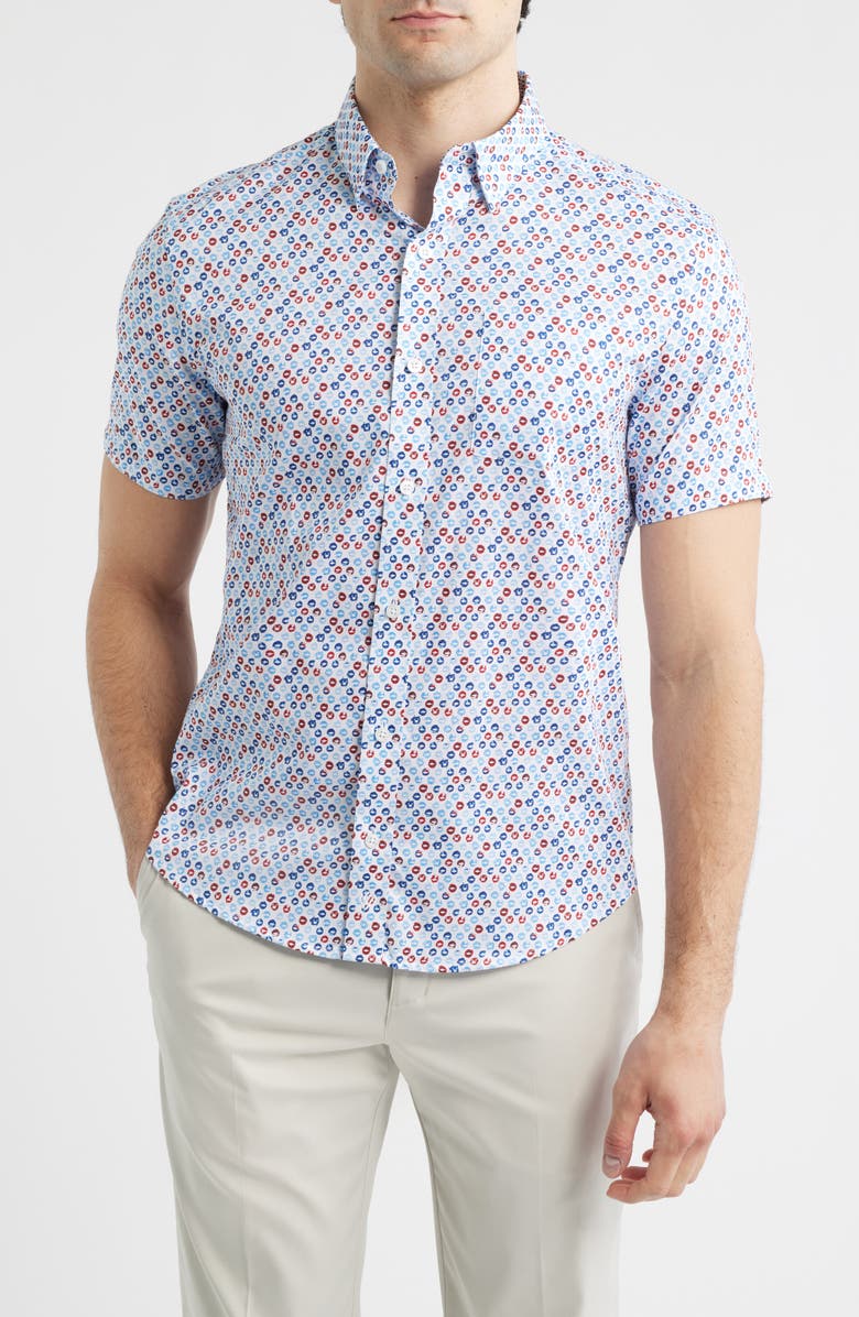 Johnston & Murphy Logan Dot Print Short Sleeve Cotton Blend Button-Up Shirt, Main, color, Blue / Red Ocean Icons
