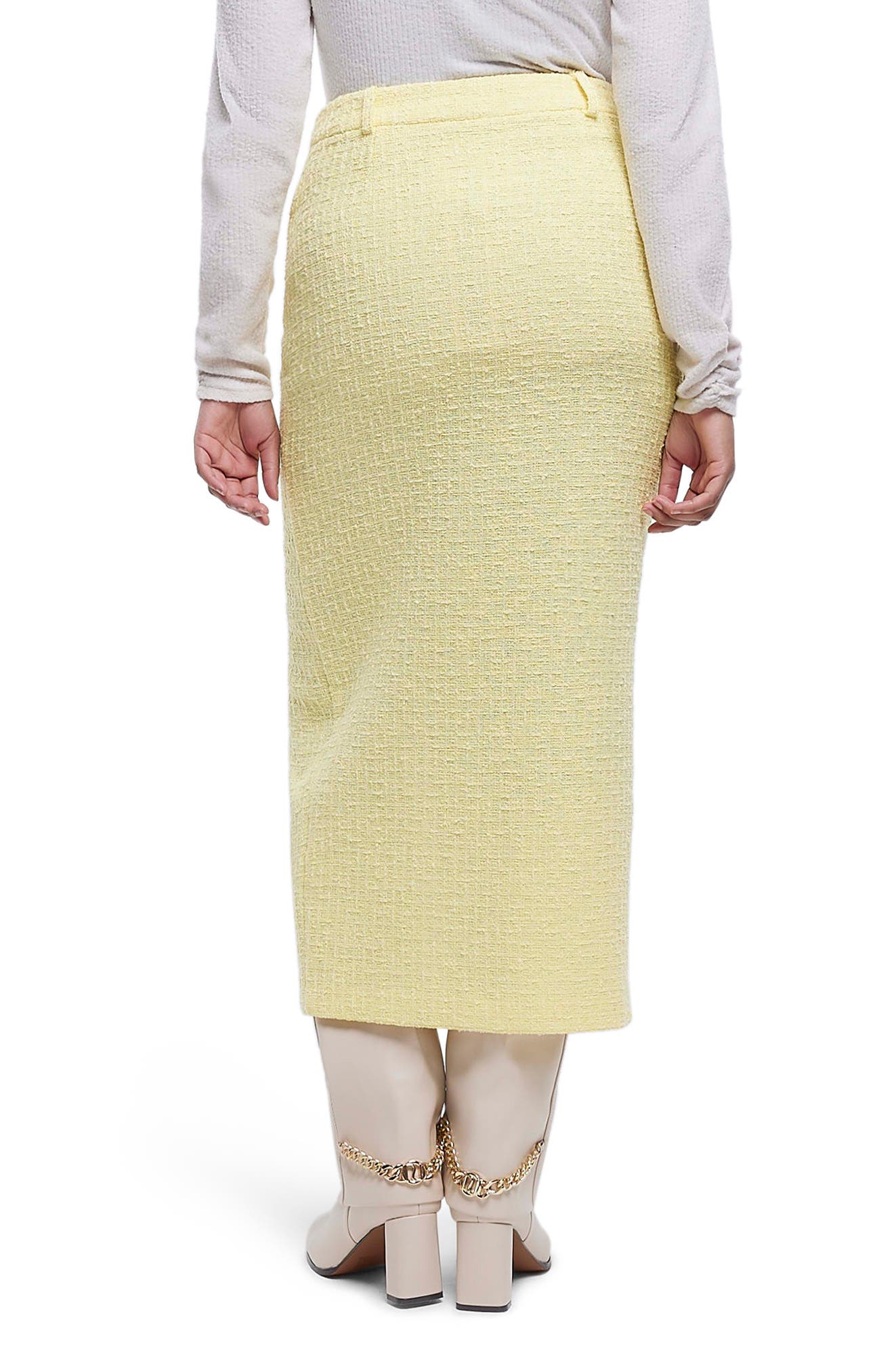 Imitation Pearl Belt Cotton Blend Boucle Pencil Skirt - image 2