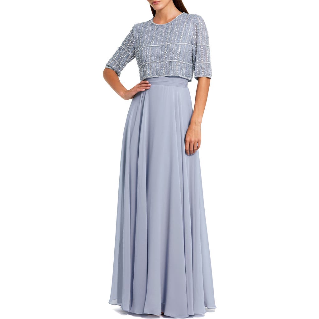 Mac Duggal Fully Beaded 3/4 Sleeves Top Chiffon Gown In Blue
