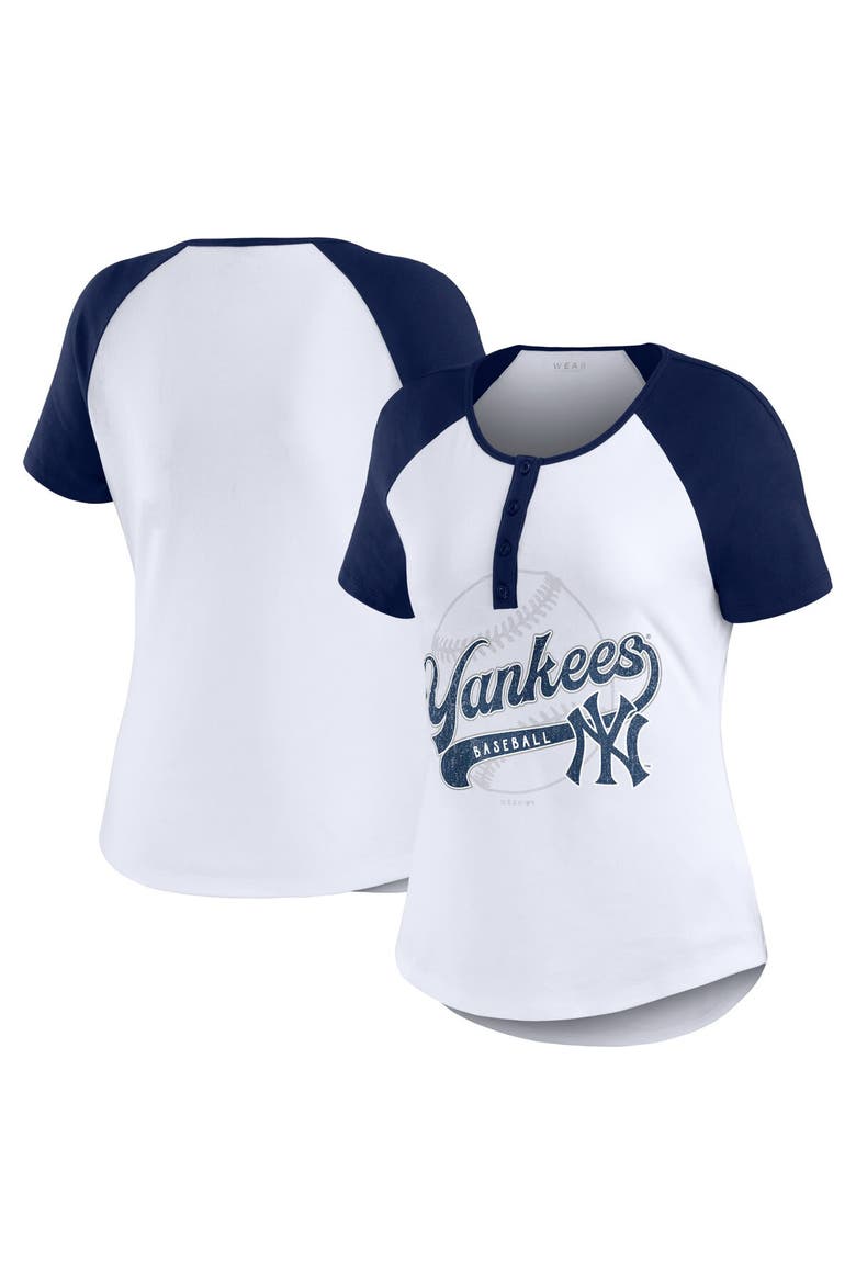 Women's WEAR by Erin Andrews White/Navy New York Yankees Henley Raglan T-Shirt, Alternate, color, White