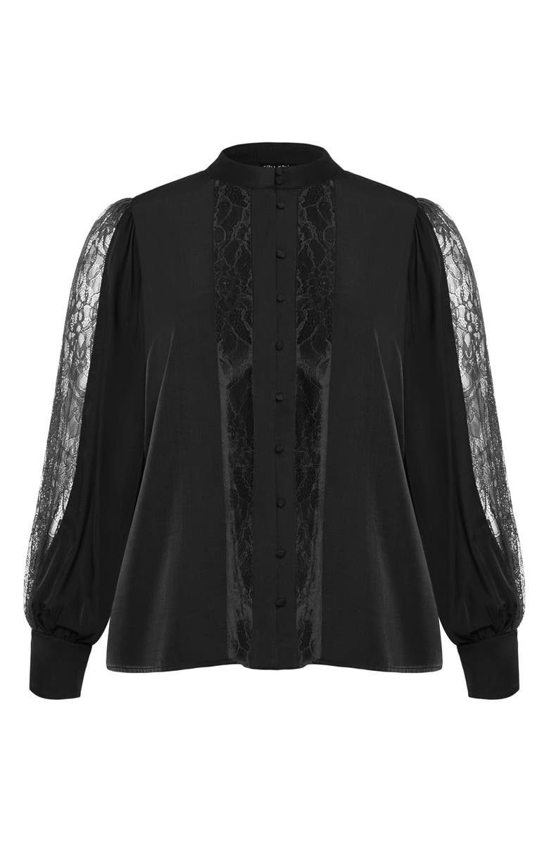 City Chic Georgia Lace Inset Sateen Button-Up Shirt, Alternate, color, 