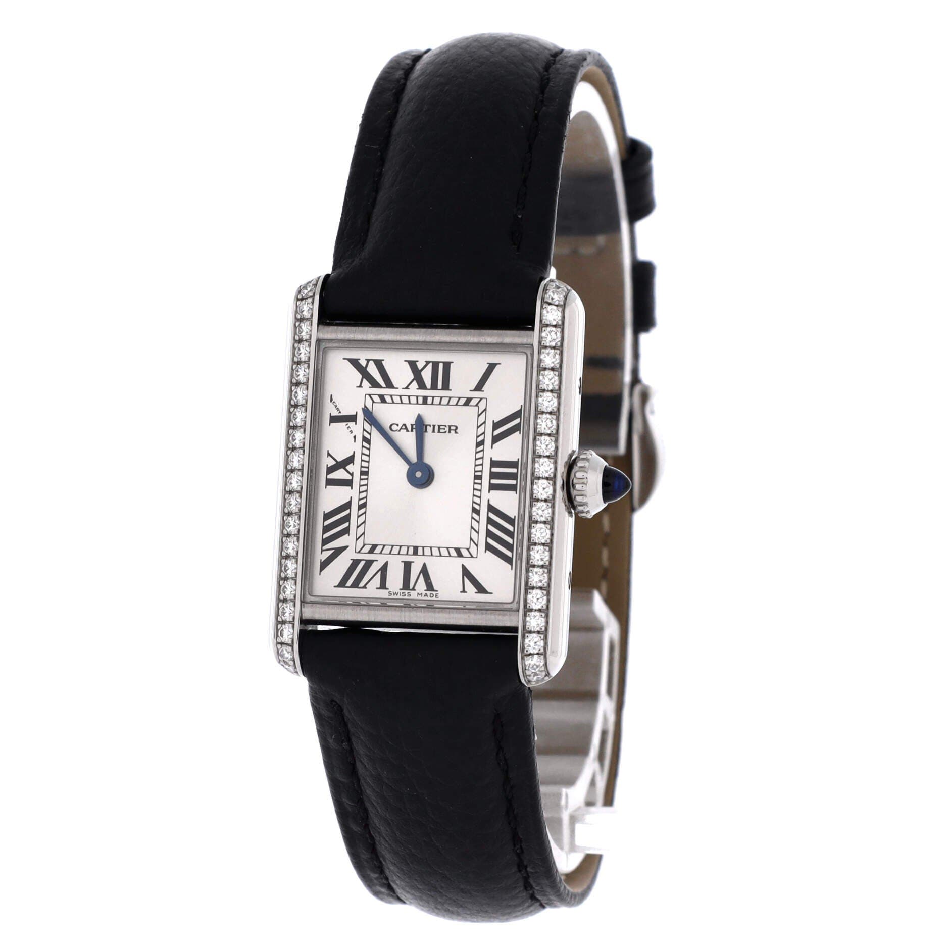 Must de Cartier Tank Quartz Watch Stainless Steel and Leather with Diamond Bezel 22, Alternate, color, Black