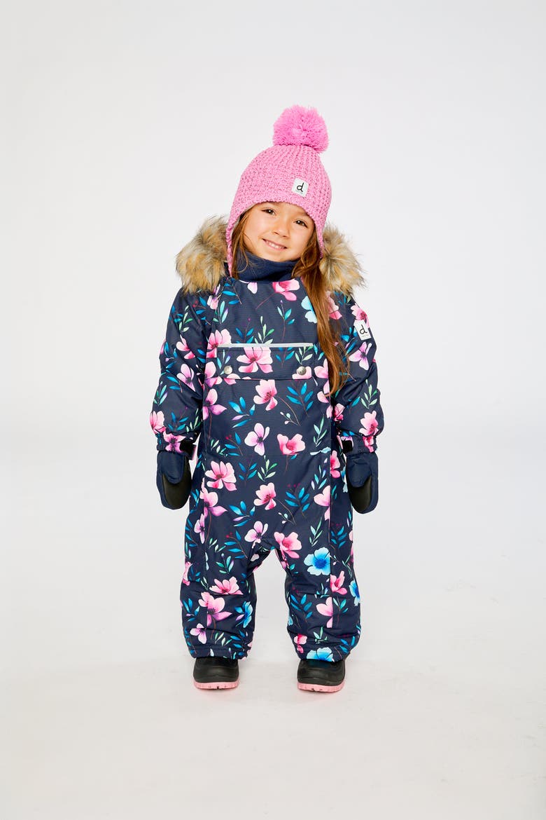 Play Floral Faux Fur Hood Car Seat One Piece Snowsuit, Alternate, color, Blue Floral Print
