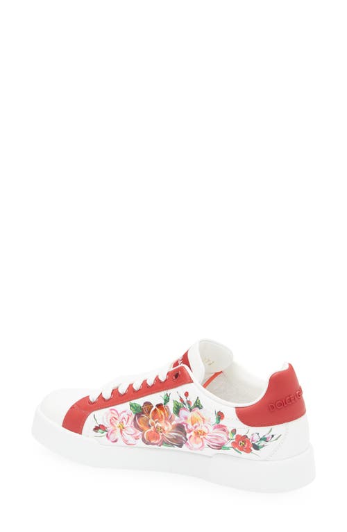 Dolce & Gabbana Portofino Painted Flower Leather Sneakers In Ha5pd Fondo Bianco