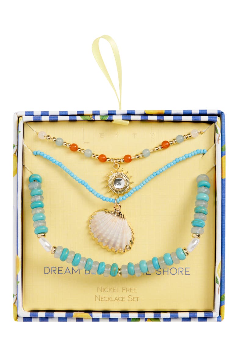 Layered Shell Charm Beaded Necklace, Main, color, BLUE MULTI- GOLD