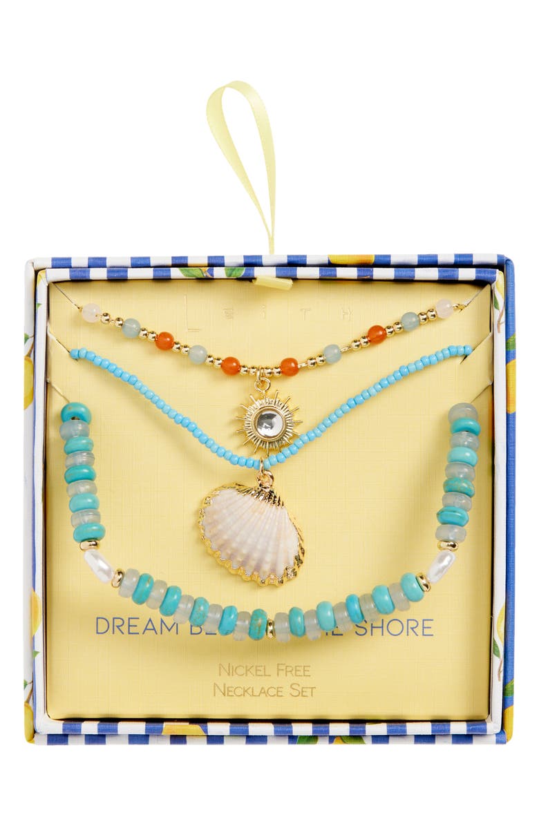 Leith Layered Shell Charm Beaded Necklace, Main, color, Blue Multi- Gold