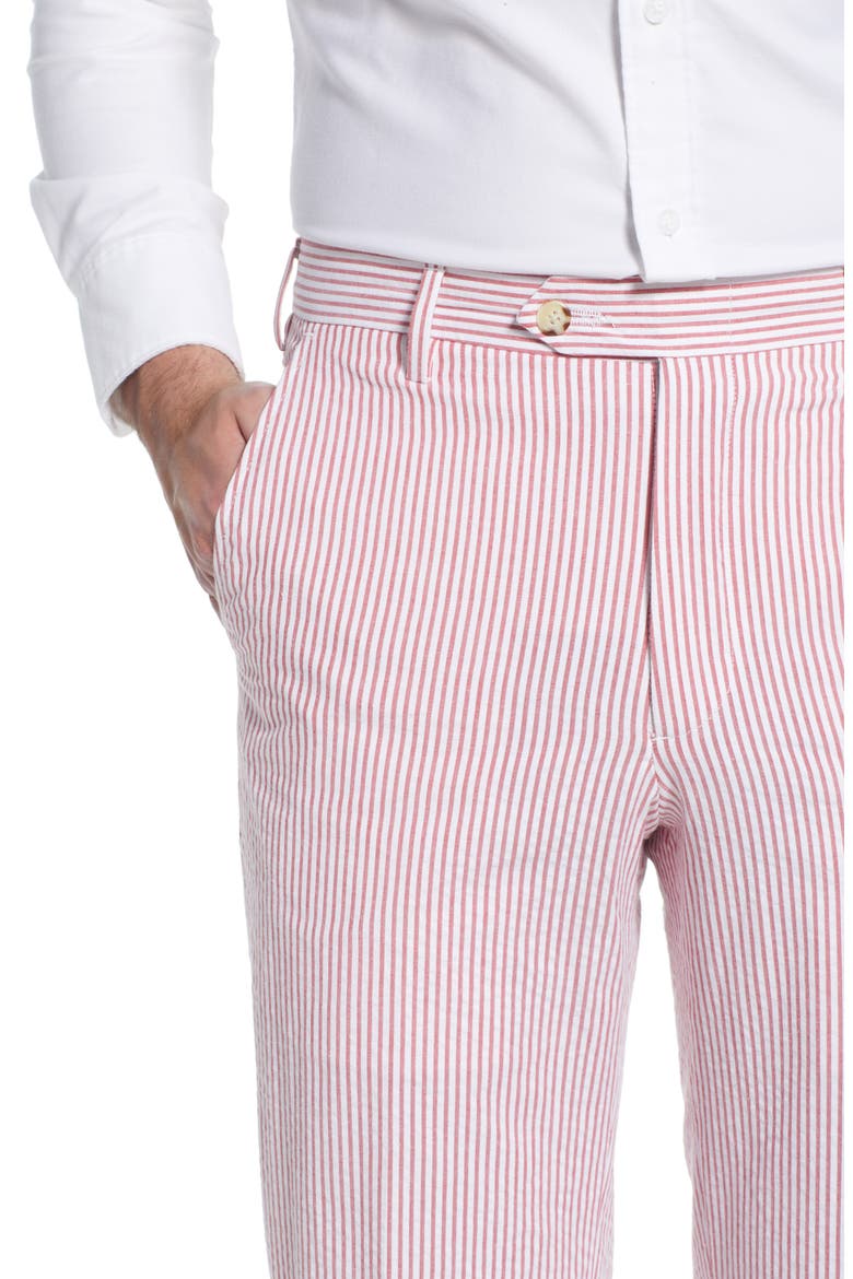 Flat Front Stripe Cotton Seersucker Pants, Alternate, color, RED