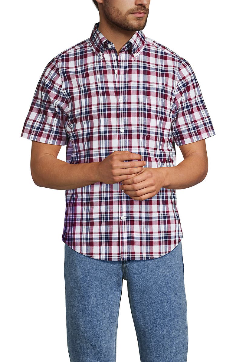 Lands' End Traditional Fit Short Sleeve Madras Shirt, Alternate, color, Burgundy Spritz Madras