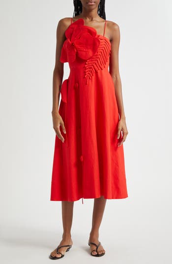 FARM Rio Red Garden Linen Blend Cocktail Midi Dress | Nordstrom