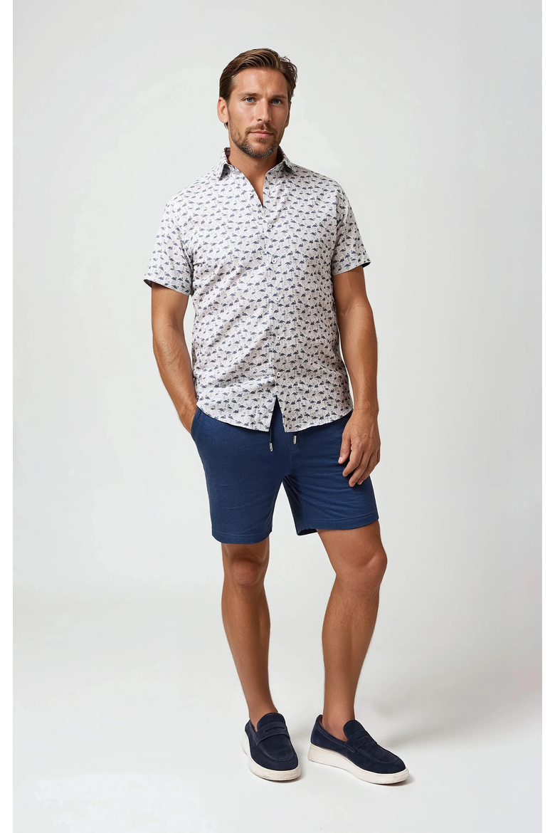 Linen Flamingo Print SS Button-Up Shirt, Main, color, Beige