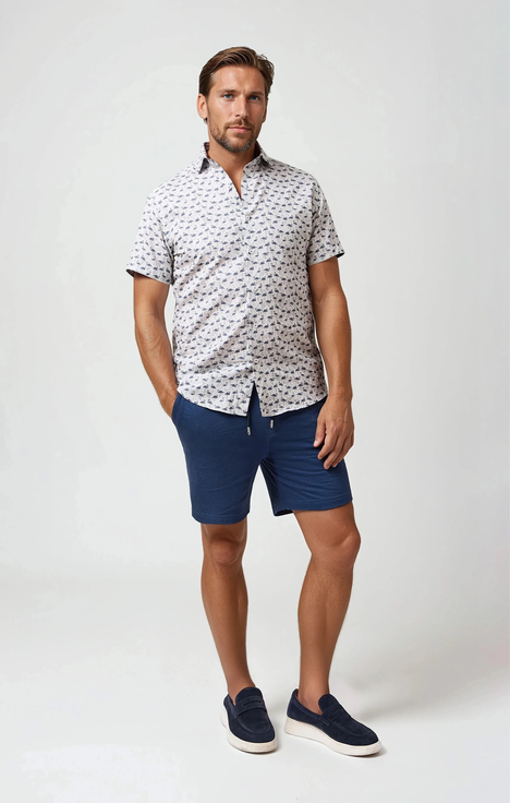 Linen Flamingo Print SS Button-Up Shirt