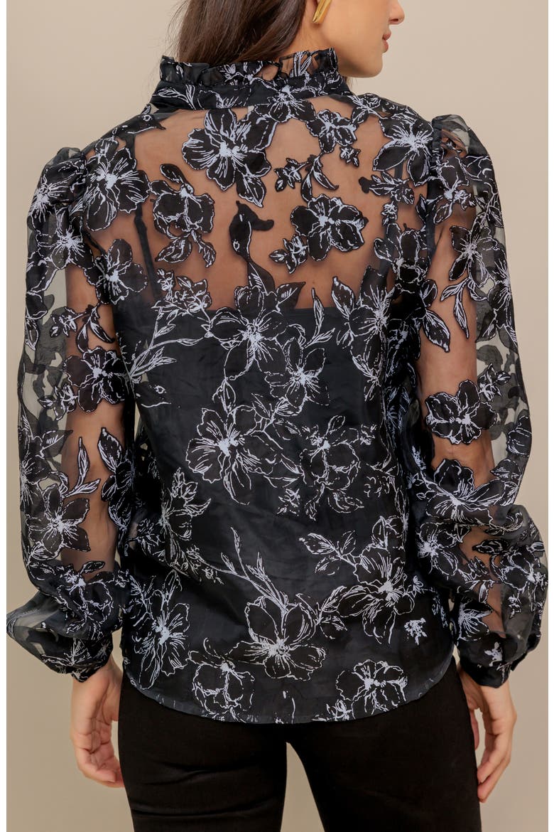 Print Organza Button-Up Shirt, Alternate, color, BLACK